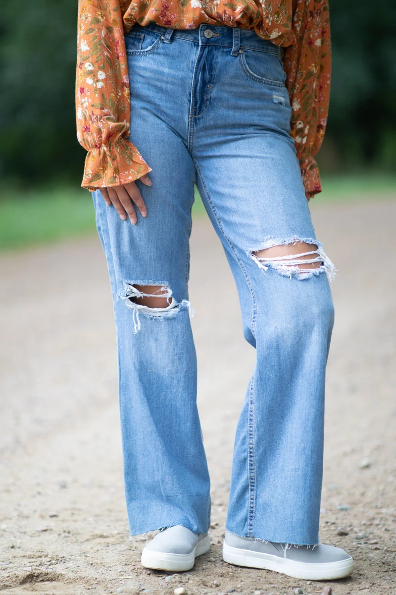 Medium Wash Distressed Knee Wide Leg Jeans