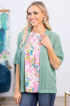 STACCATO Mint Pointelle Elbow Sleeve Cardigan