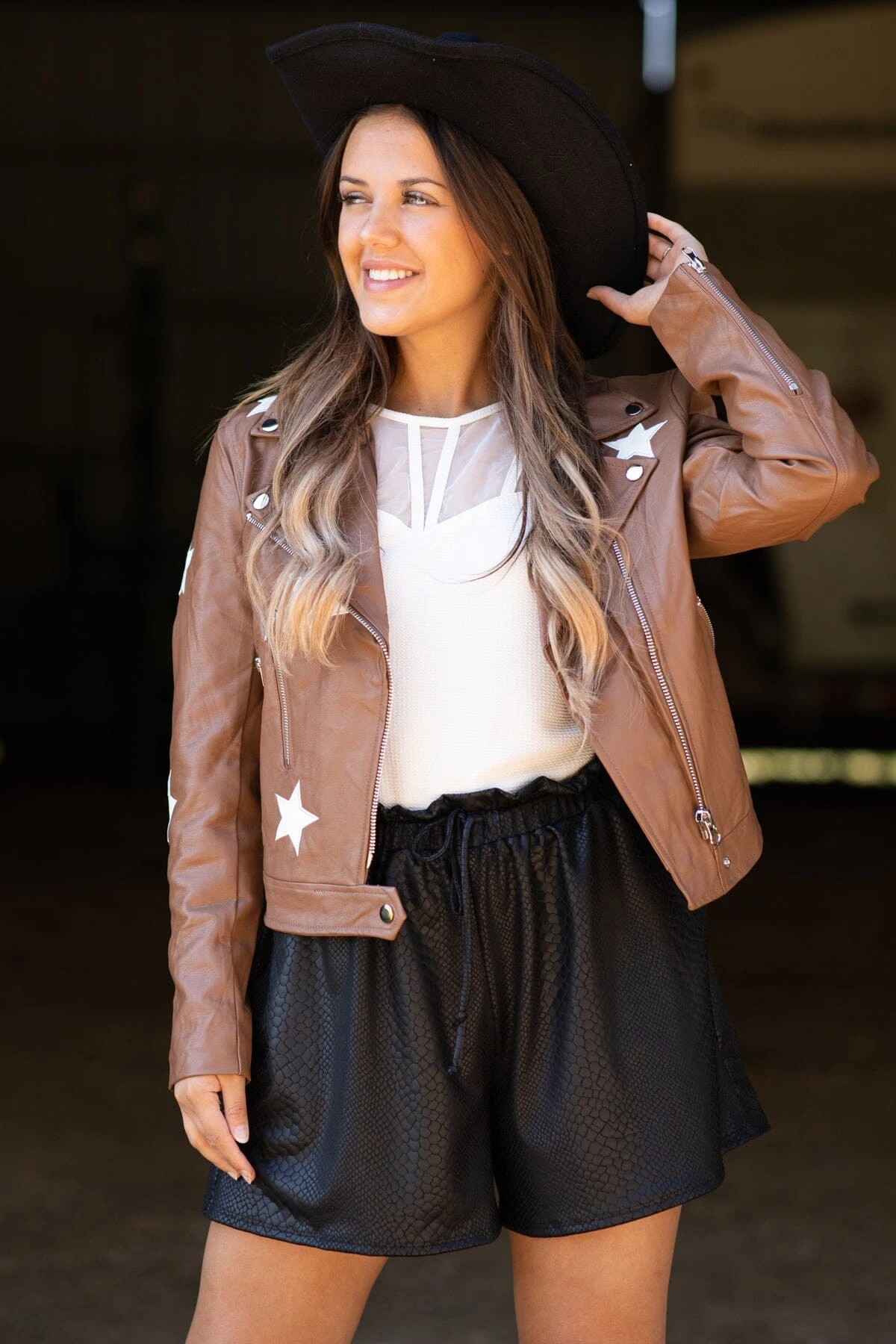 Dark Camel Star Print Faux Leather Moto Jacket - Image 2