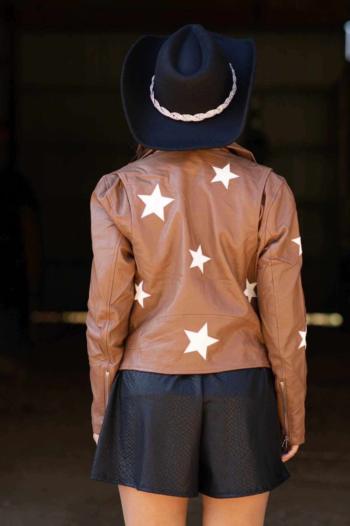 Dark Camel Star Print Faux Leather Moto Jacket - Image 4