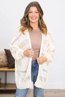 Cream Pointelle Ribbed Cuff Cardigan