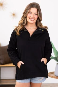 Black 1/4 Snap Pullover With Kangaroo Pocket