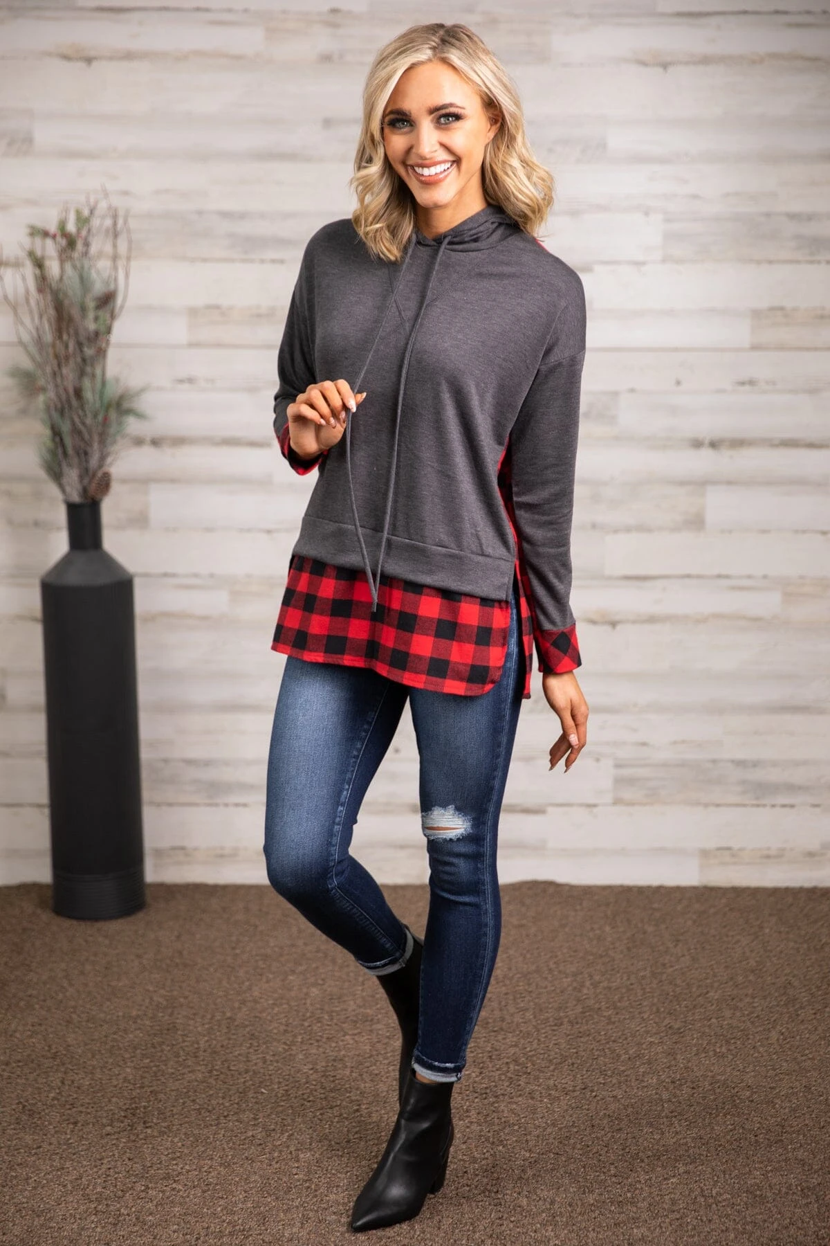 Charcoal And Red Buffalo Plaid Hooded Top - Image 3