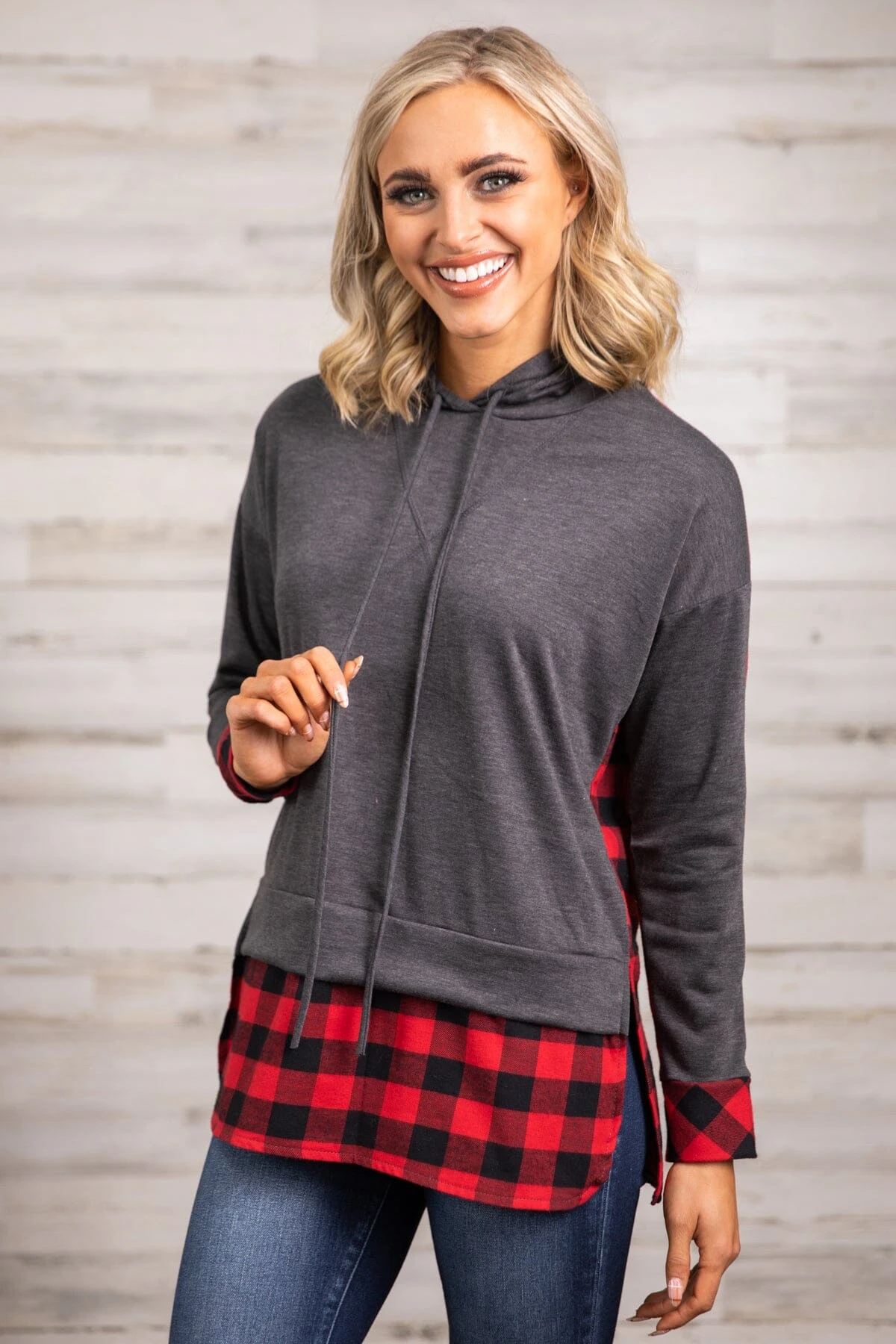 Charcoal And Red Buffalo Plaid Hooded Top