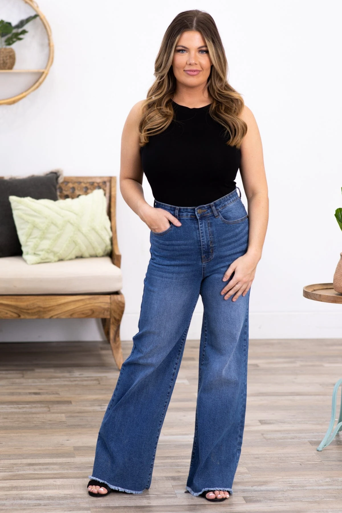 Harper Medium Wash Fray Hem Wide Leg Jeans