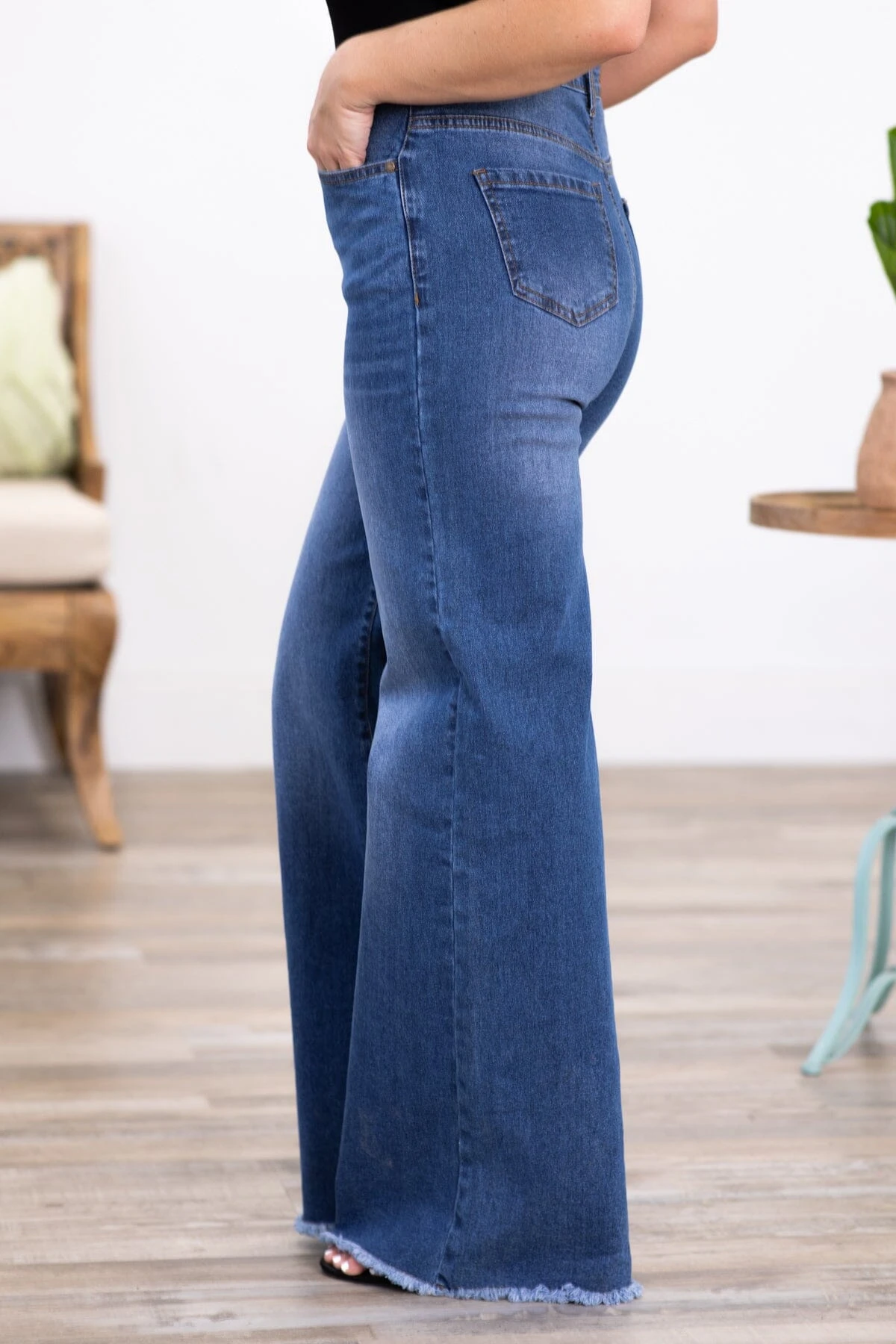 Harper Medium Wash Fray Hem Wide Leg Jeans - Image 3