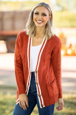 Rust Cable Knit Button Up Cardigan