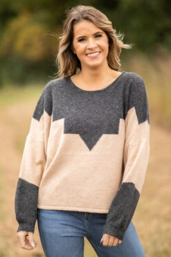 STACCATO Charcoal And Tan Chevron Colorblock Sweater