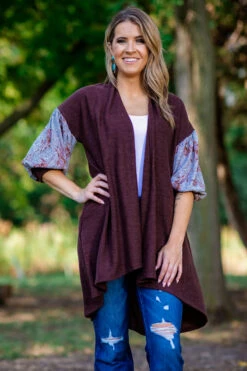 Brown Floral Print Sleeve Cardigan