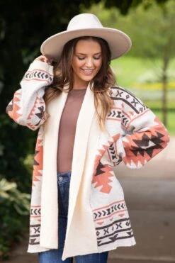 Beige Shawl Collar Aztec Print Cardigan