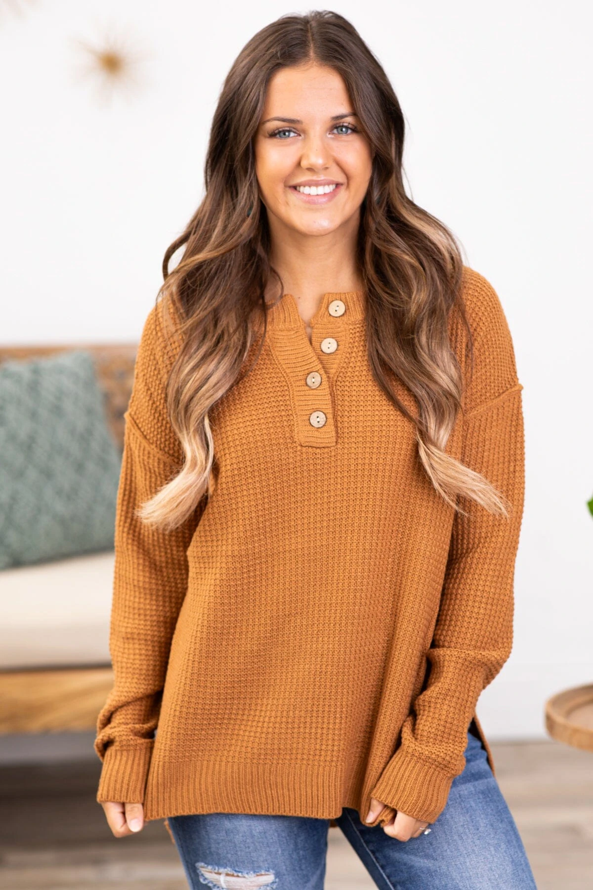 Be Cool Cinnamon Waffle Knit Sweater With Buttons