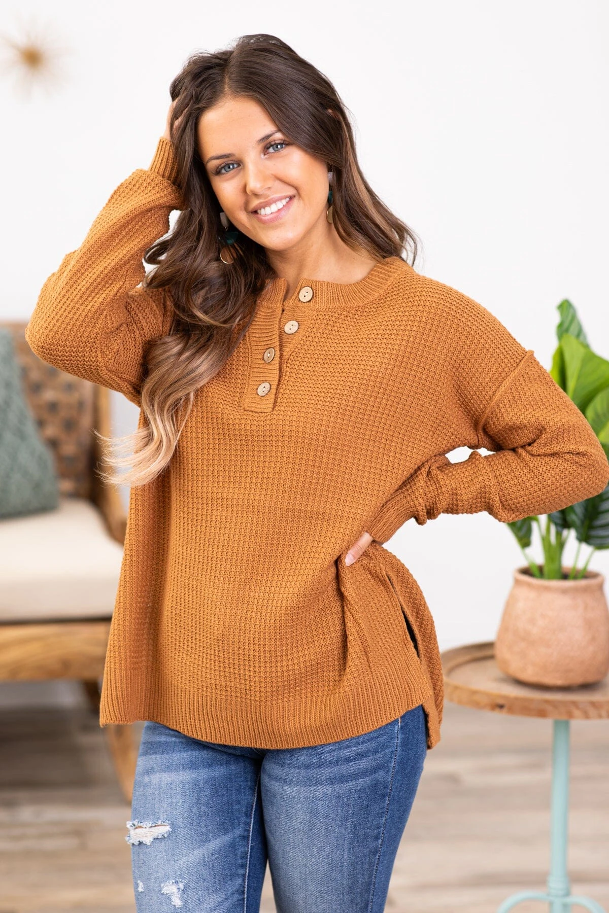 Be Cool Cinnamon Waffle Knit Sweater With Buttons - Image 2