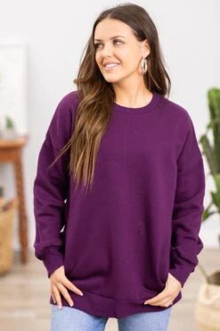 Eggplant Crew Neck Sweatshirt With Pockets