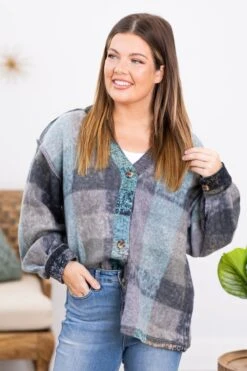 Grey Multicolor Abstract Plaid Cardigan