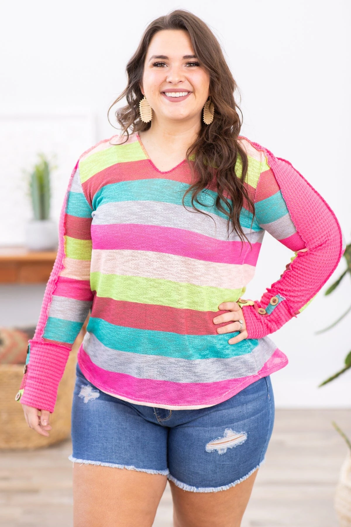Turquoise Multicolor Stripe Hooded Top - Image 5