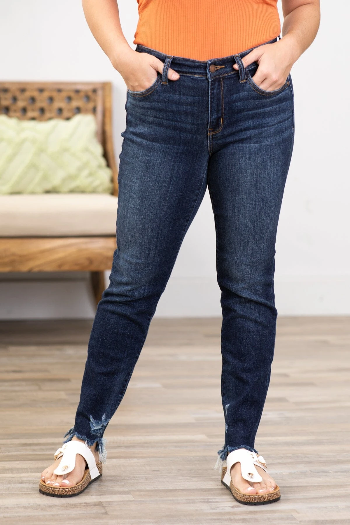 Judy Blue Dark Wash Fray Hem Skinny Jeans - Image 2