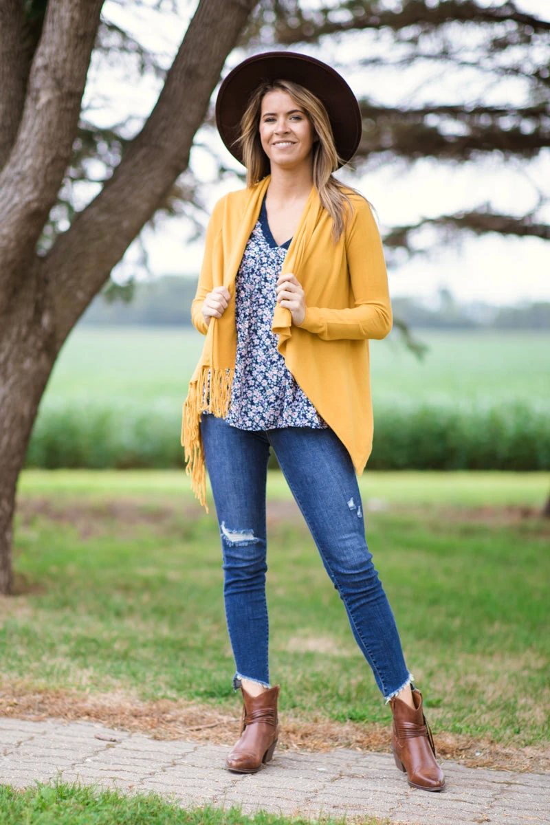Mustard Fringe Trim Cardigan - Image 3