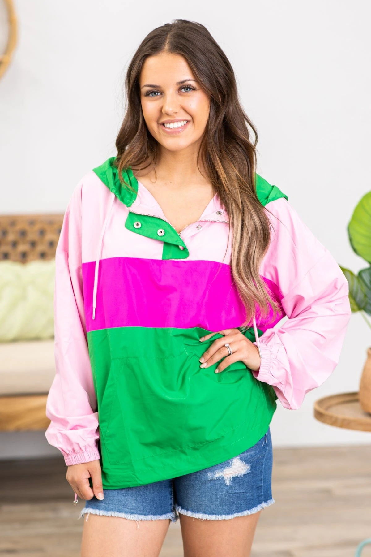 Jade And Pink Colorblock Windbreaker Pullover - Image 2