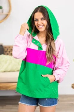 Jade And Pink Colorblock Windbreaker Pullover
