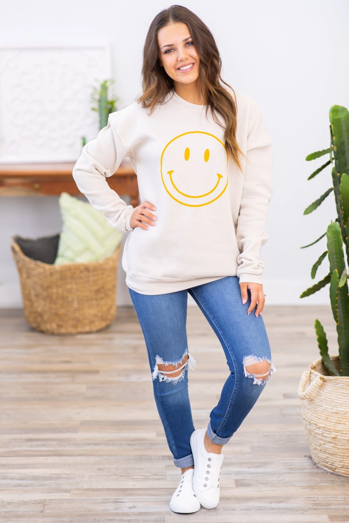Beige And Mustard Smiley Graphic Sweatshirt - Image 3