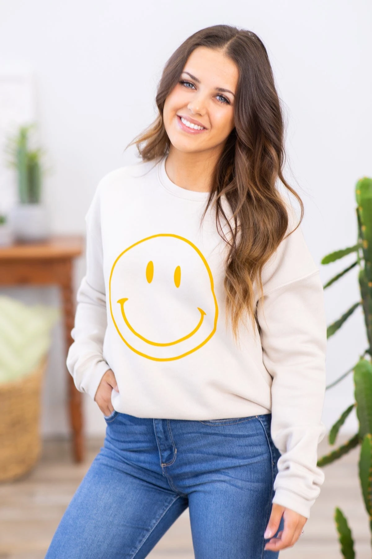 Beige And Mustard Smiley Graphic Sweatshirt - Image 2