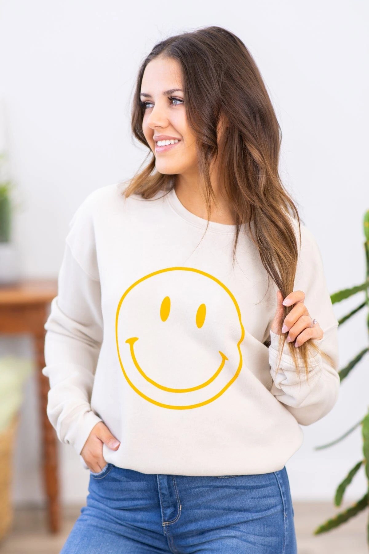 Beige And Mustard Smiley Graphic Sweatshirt