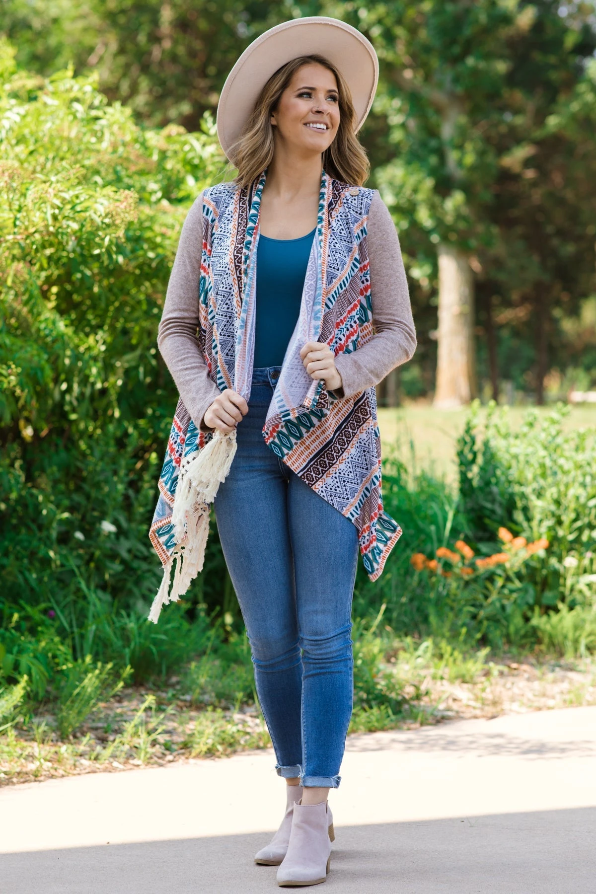 Taupe Multicolor Fringe Trim Aztec Cardigan - Image 3
