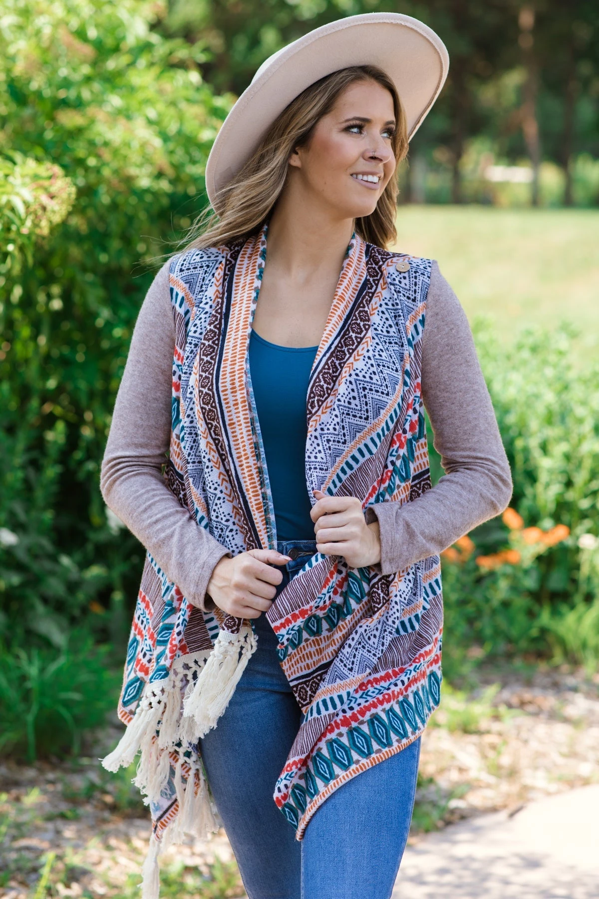 Taupe Multicolor Fringe Trim Aztec Cardigan - Image 2