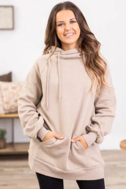 Beige Side Tie Drawstring Hoodie