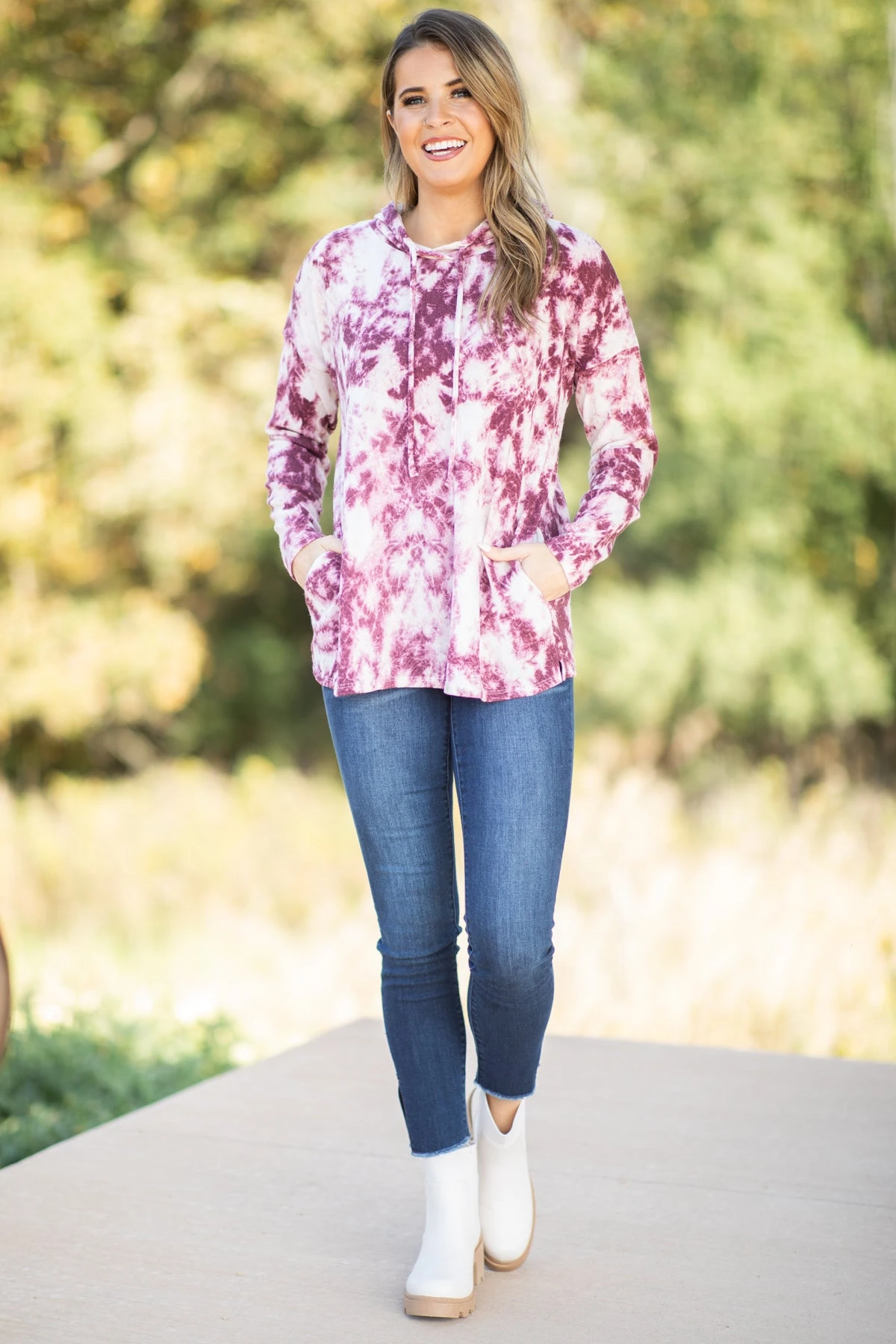 Wine And Cream Acid Wash Hooded Top - Image 2