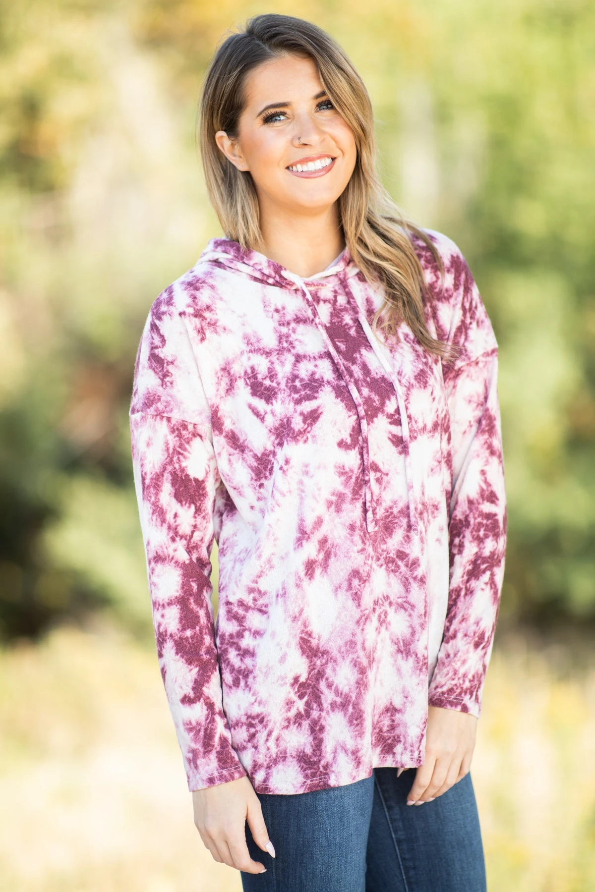 Wine And Cream Acid Wash Hooded Top