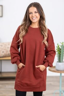 Rust Tunic Length Sweatshirt With Pockets