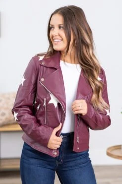 Berry Star Print Faux Leather Moto Jacket