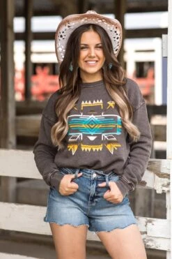 Brown Mineral Wash Aztec Print Sweatshirt