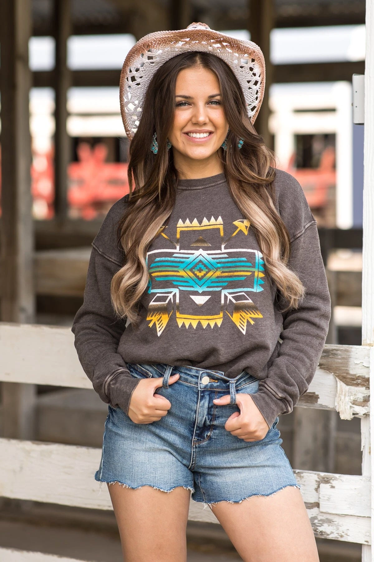 Brown Mineral Wash Aztec Print Sweatshirt