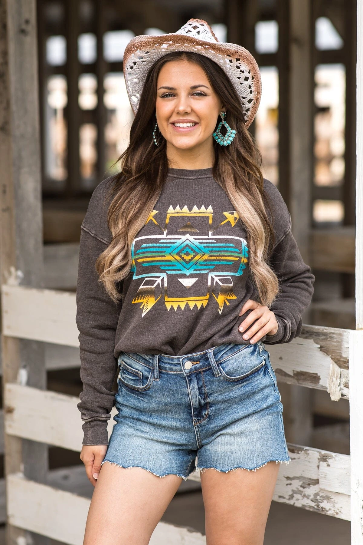 Brown Mineral Wash Aztec Print Sweatshirt - Image 3