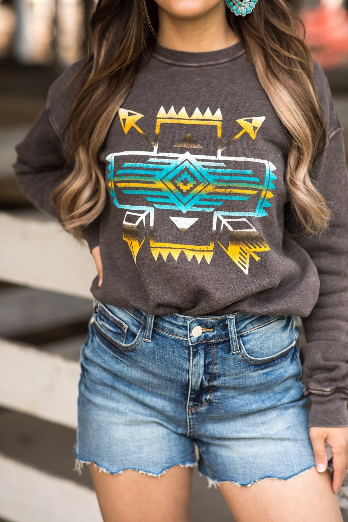 Brown Mineral Wash Aztec Print Sweatshirt - Image 5