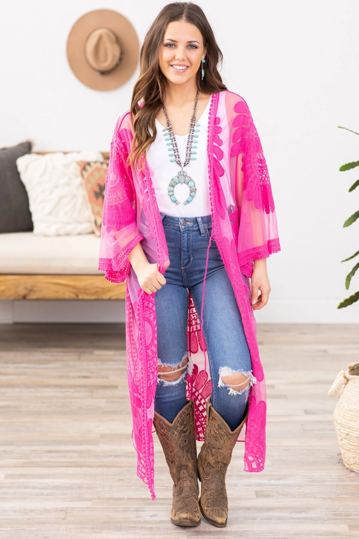 Fuchsia Lace Mid Length Kimono - Image 2
