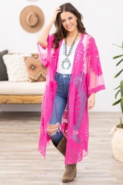 Fuchsia Lace Mid Length Kimono