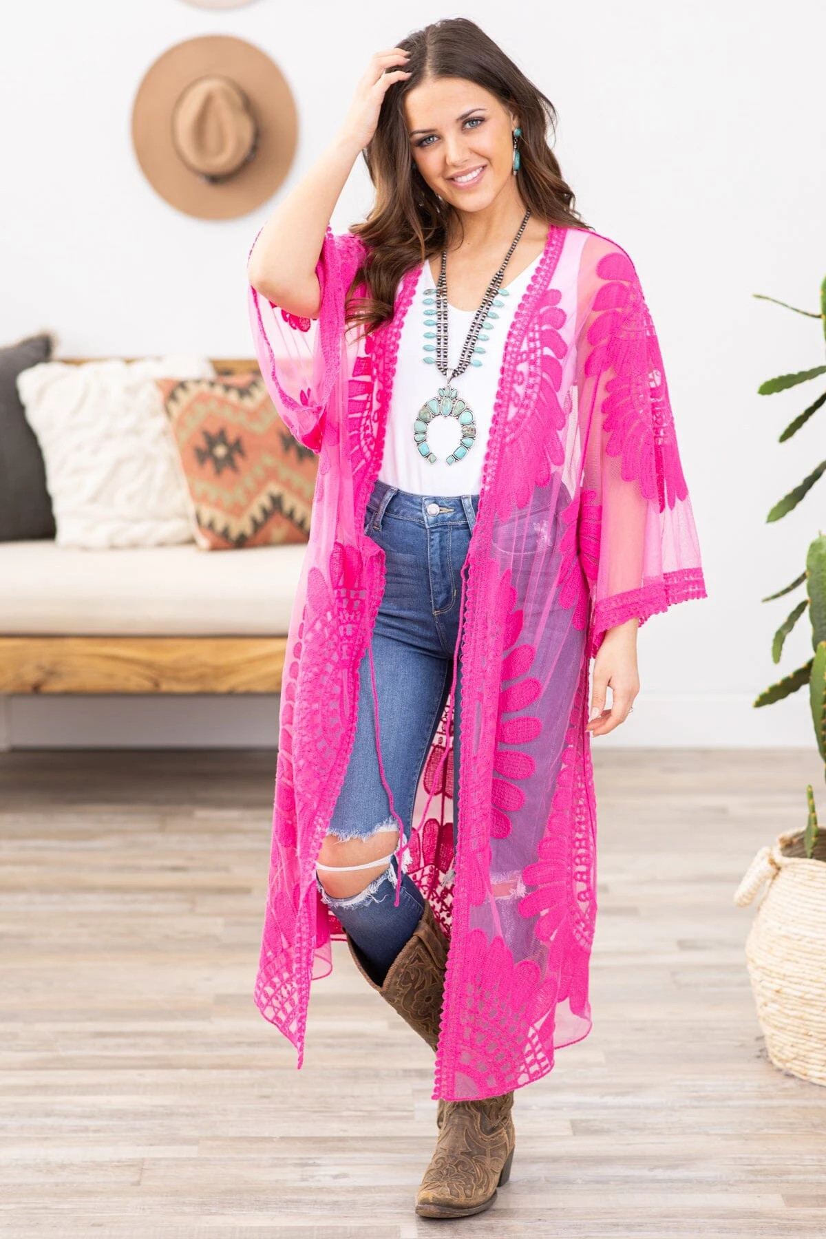 Fuchsia Lace Mid Length Kimono