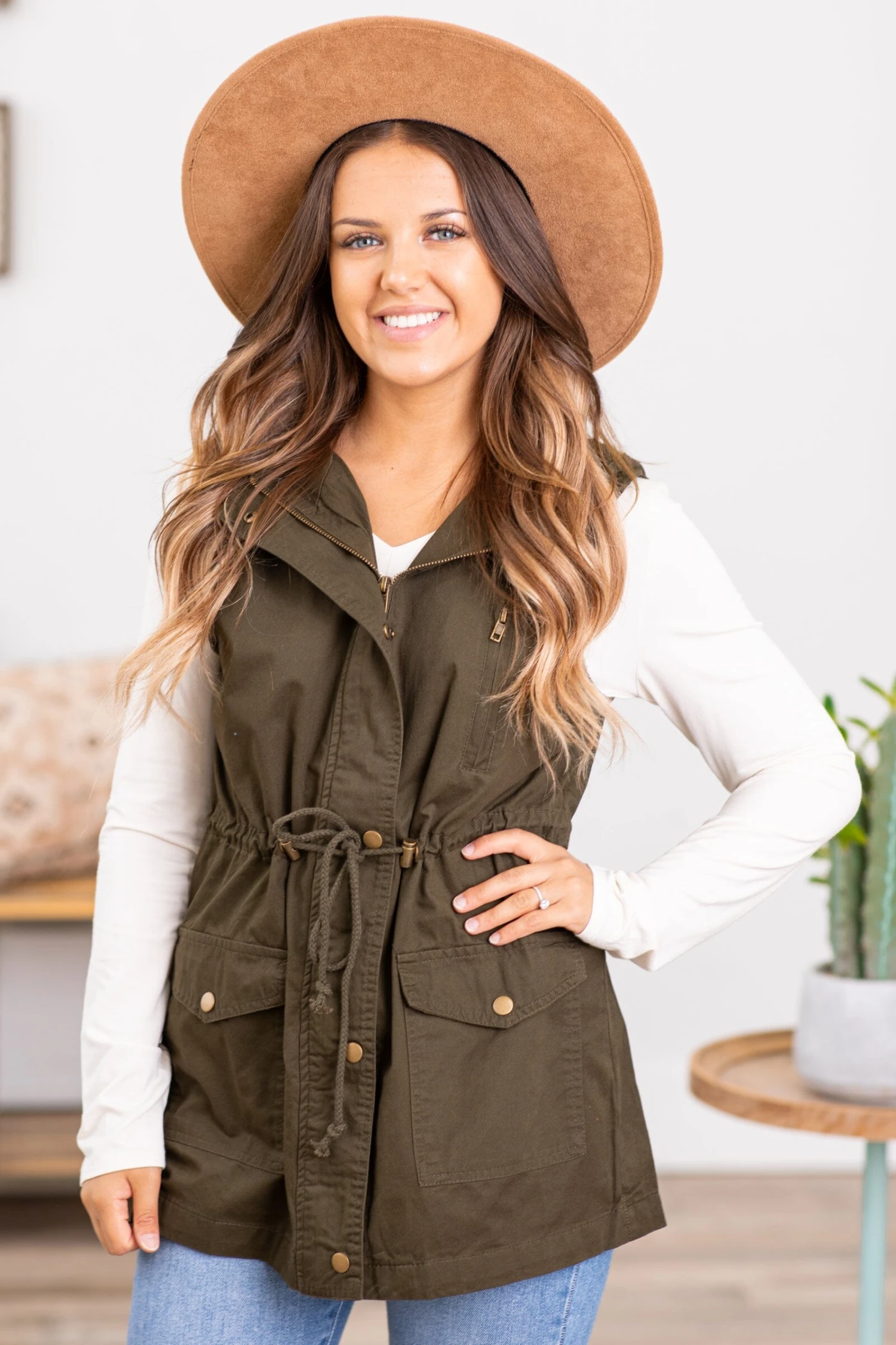 Olive Military Vest With Hood - Image 2