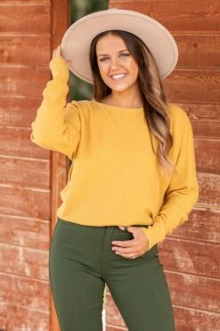 STACCATO Mustard Dolman Sleeve Soft Waffle Knit Top