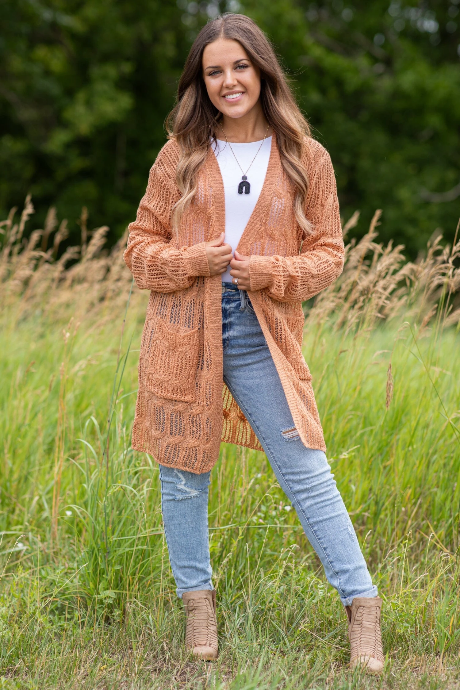 STACCATO Tan Pointelle Cardigan With Pockets - Image 3