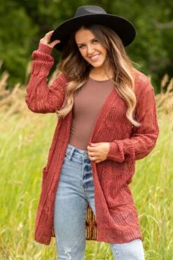 STACCATO Rust Pointelle Cardigan With Pockets