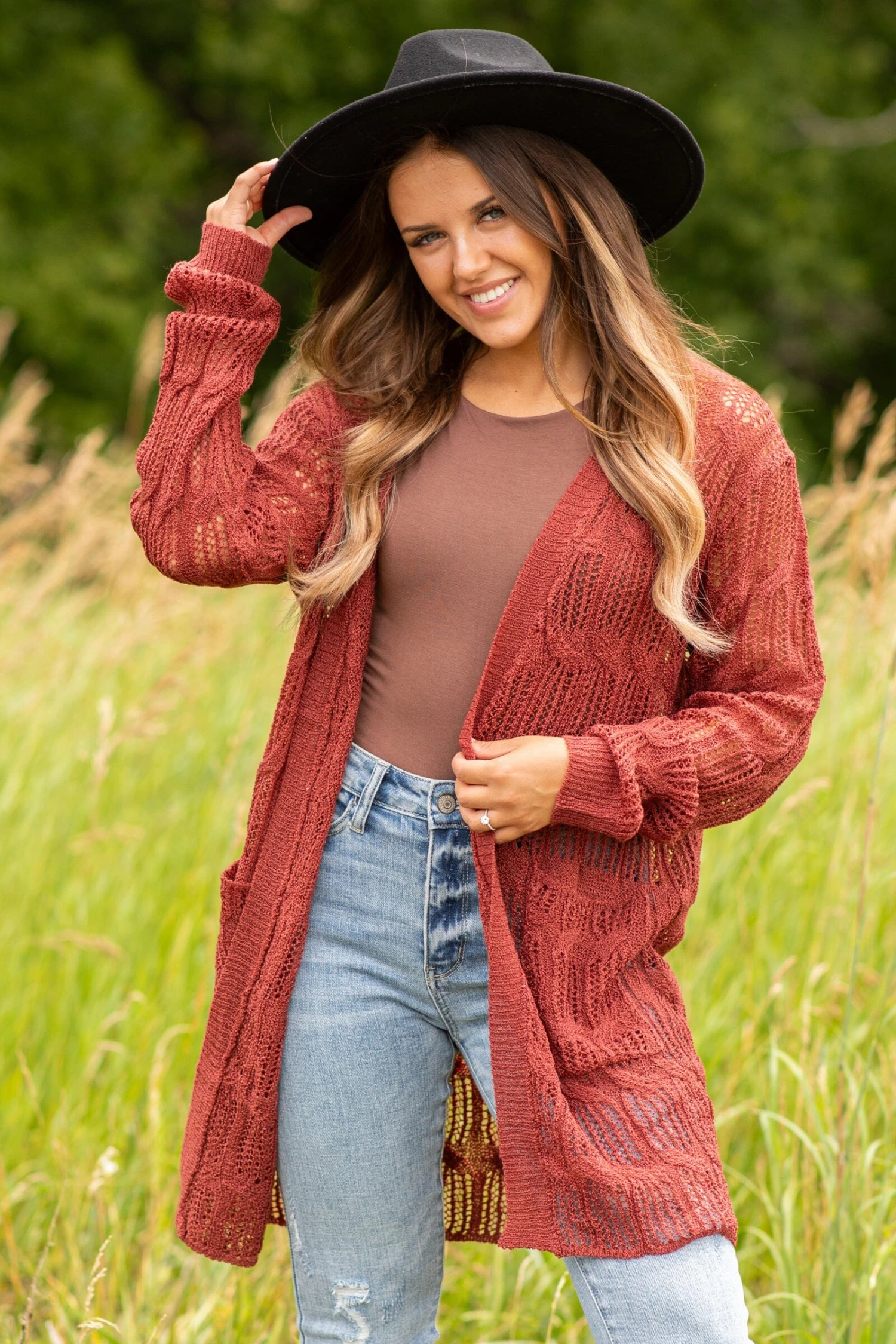 STACCATO Rust Pointelle Cardigan With Pockets