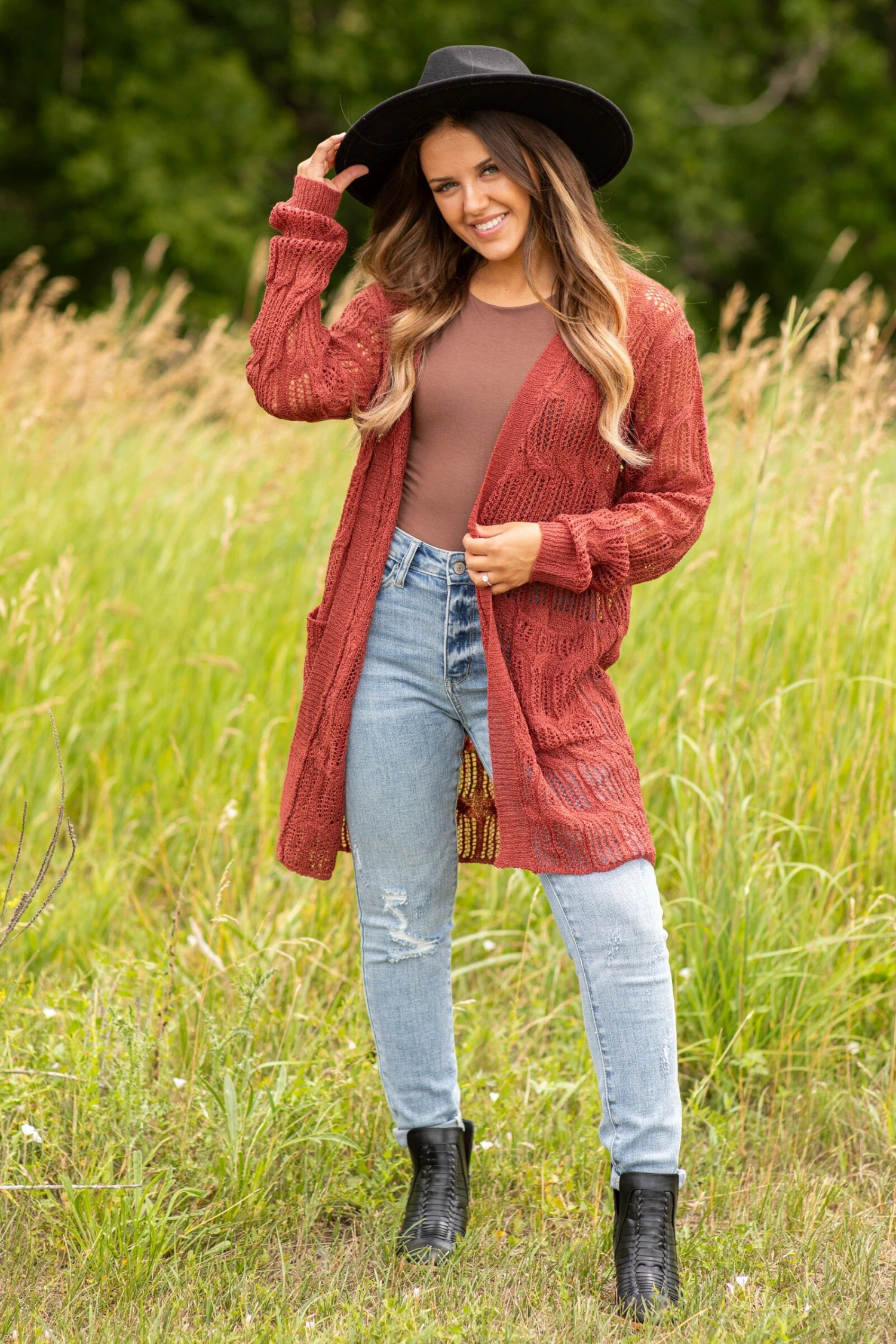 STACCATO Rust Pointelle Cardigan With Pockets - Image 3