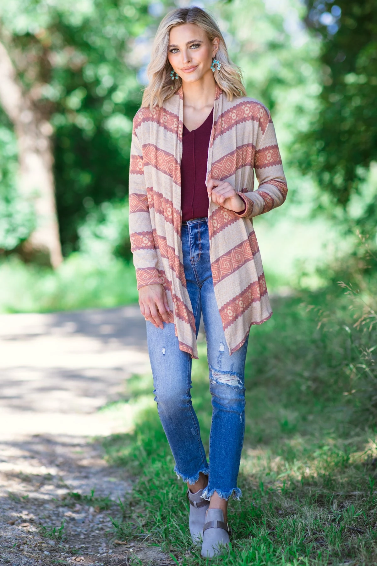 Orange And Beige Aztec Stripe Cardigan - Image 2