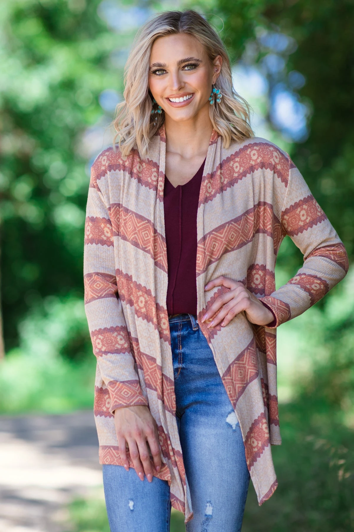 Orange And Beige Aztec Stripe Cardigan