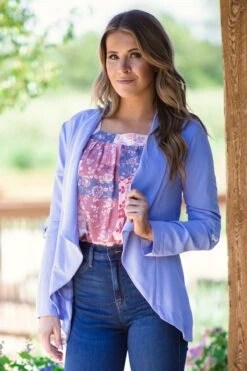 Pastel Blue Waterfall Front Tab Sleeve Blazer