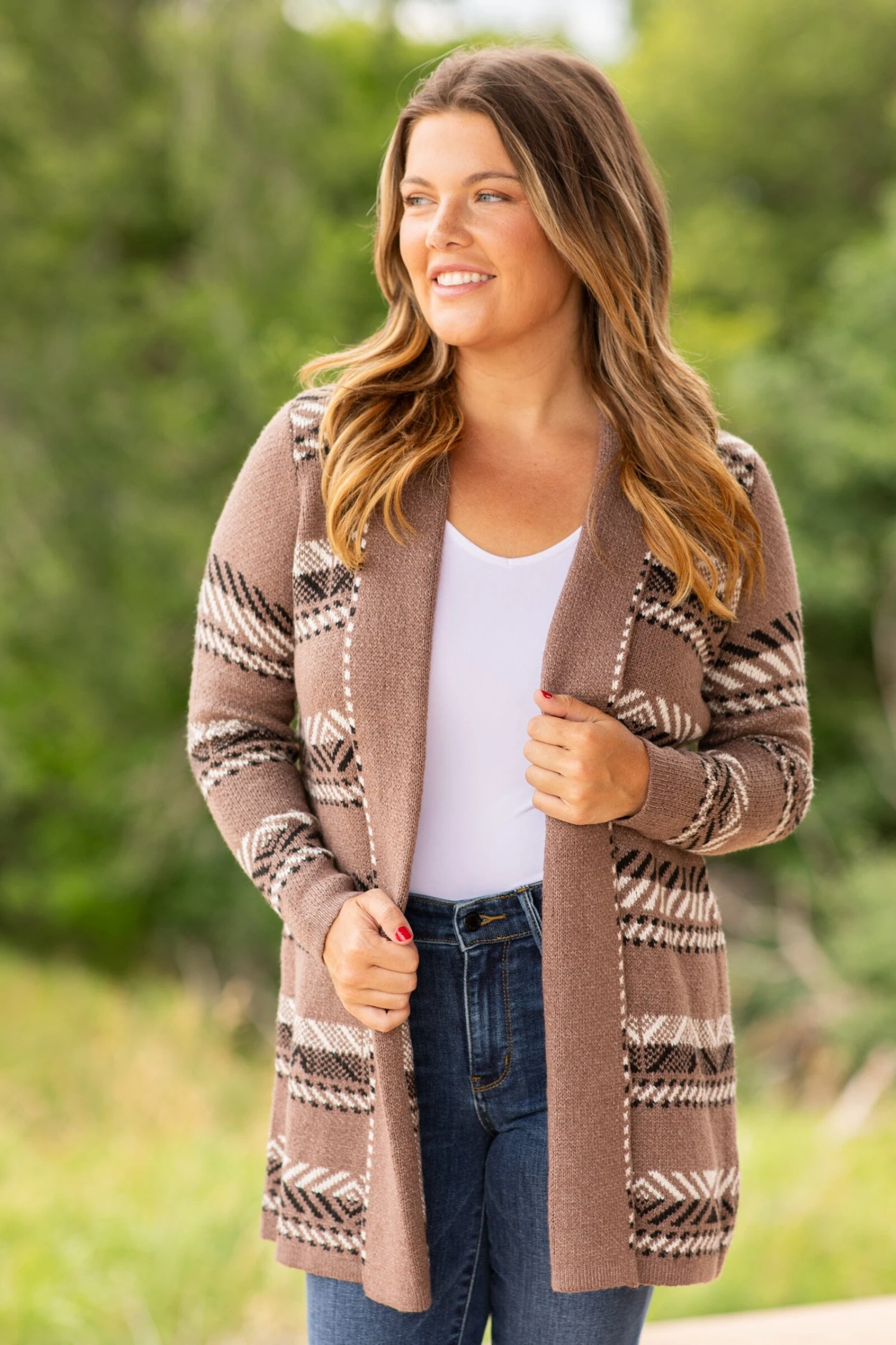 STACCATO Mocha And Off White Aztec Stripe Cardigan